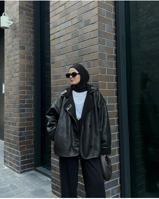 جاكيت جلد مبطن فرو - اسود جاكيت جلد مبطن فرو - اسود