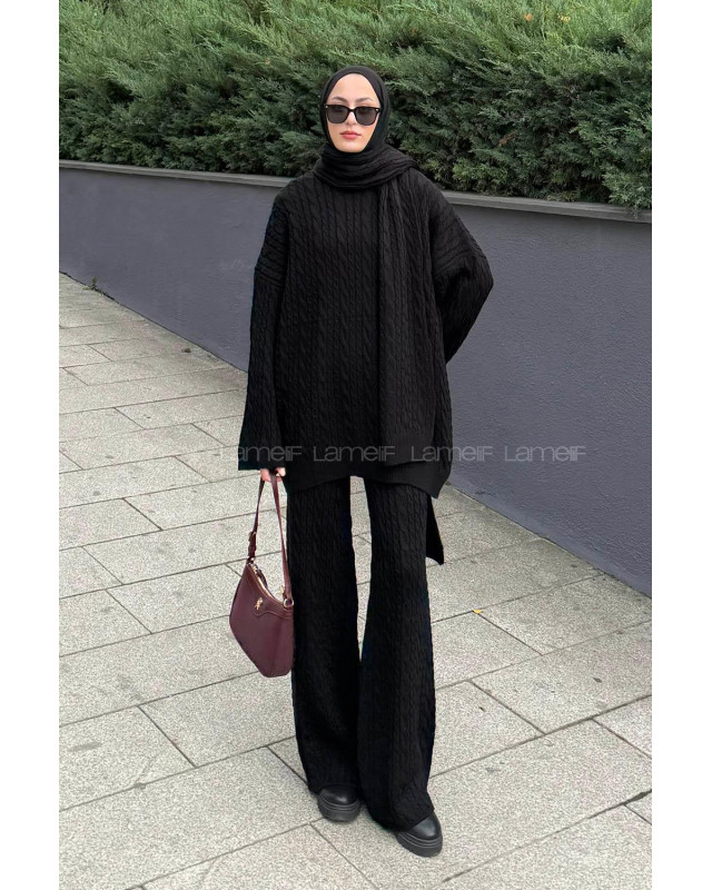 طقم سنارة تركي مع سكارف - أسود
