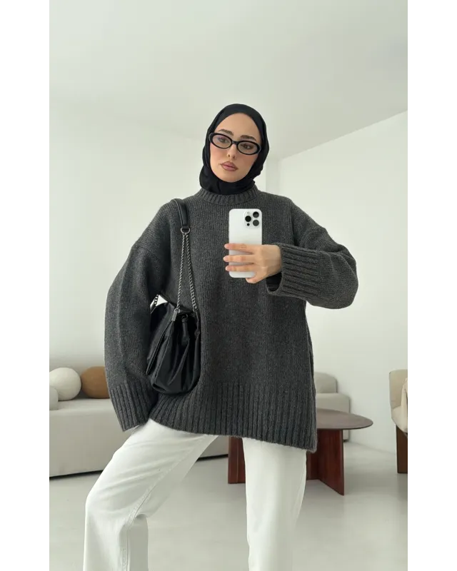 بلوزة شتوية سادة - رمادي