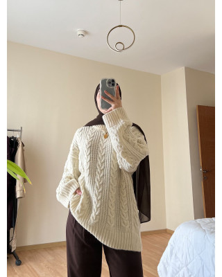 بلوزة شتوية صوف مجدول - ابيض كريمي بلوزة شتوية صوف مجدول - ابيض كريمي