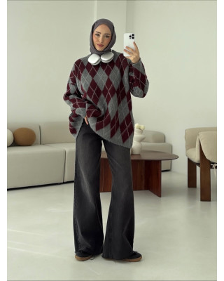 بلوزة شتوية مقلمة باللون البيرغندي و السكني بلوزة شتوية مقلمة باللون البيرغندي و السكني