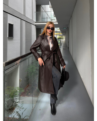 جاكيت جلد طويل مبطن - بني جاكيت جلد طويل مبطن - بني