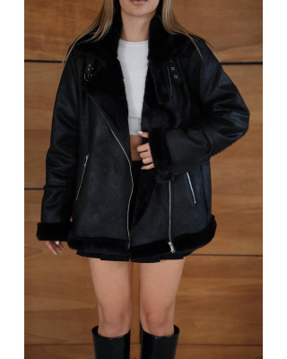جاكيت جلد مبطن فرو - اسود جاكيت جلد مبطن فرو - اسود