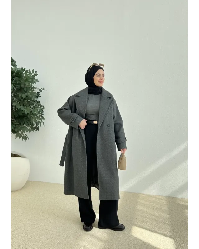 جاكيت جوخ مبطن مع حزام - سكني غامق جاكيت جوخ مبطن مع حزام - سكني غامق