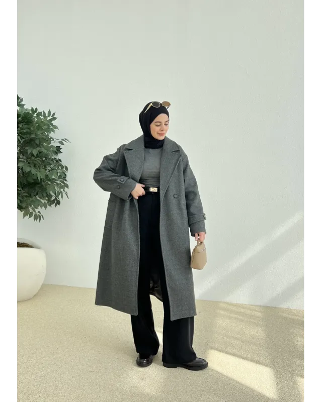 جاكيت جوخ مبطن مع حزام - سكني غامق جاكيت جوخ مبطن مع حزام - سكني غامق