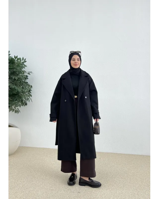 جاكيت جوخ مبطن مع حزام - اسود جاكيت جوخ مبطن مع حزام - اسود