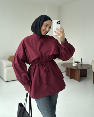 قميص بيرغندي سادة مع حزام قميص بيرغندي سادة مع حزام