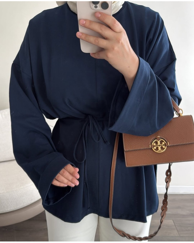 بلوزة خريفية مع حزام - كحلي بلوزة خريفية مع حزام - كحلي