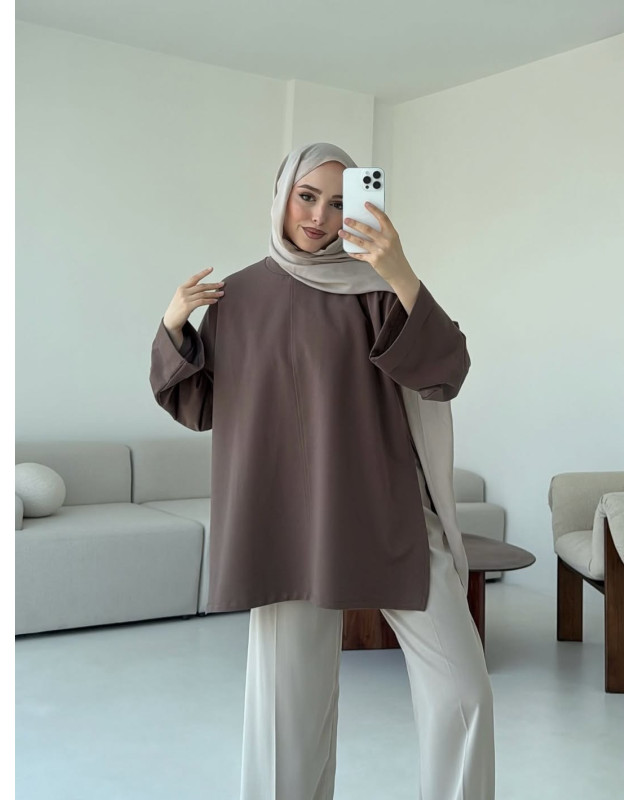بلوزة خريفية مع حزام - بني بلوزة خريفية مع حزام - بني