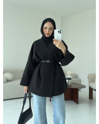 جاكيت مع حزام جلد - اسود جاكيت مع حزام جلد - اسود