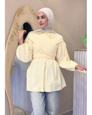 قميص موديل حزام مميز واكمام مزمومة - اصفر ليموني قميص موديل حزام مميز واكمام مزمومة - اصفر ليموني