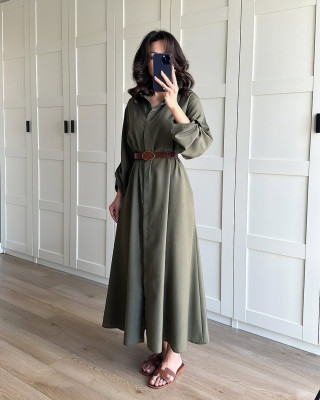 قميص زيتي طويل مع حزام جلد بني قميص زيتي طويل مع حزام جلد بني