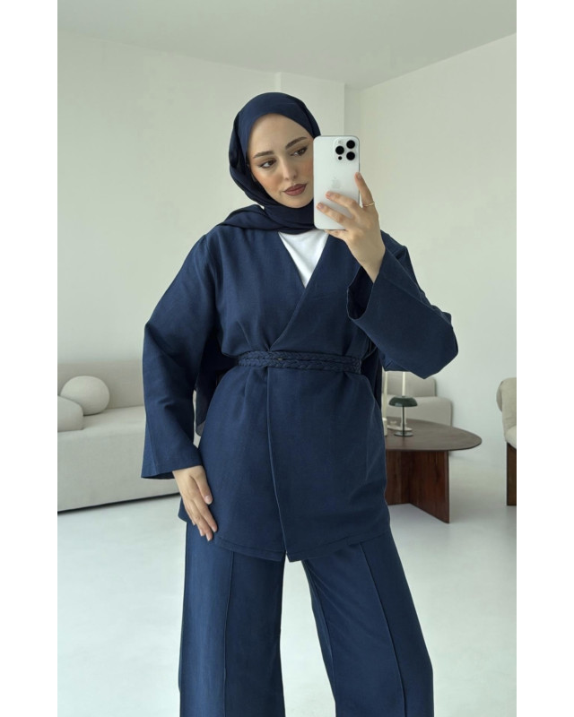 طقم جاكيت وبنطلون مع حزام مجدول - كحلي
