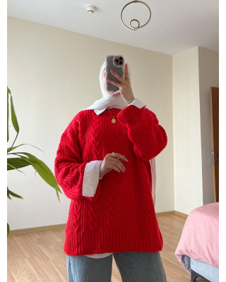 بلوزة شتوية بتصميم مجدول - احمر بلوزة شتوية بتصميم مجدول - احمر