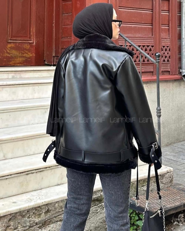 جاكيت جلد مبطن فرو - اسود جاكيت جلد مبطن فرو - اسود