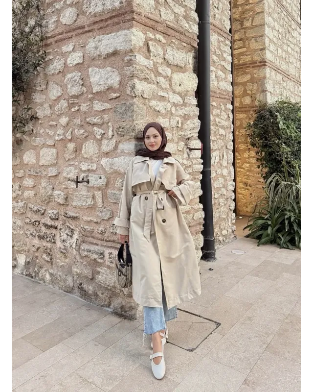 ترانشكوت مع حزام - بيج فاتح