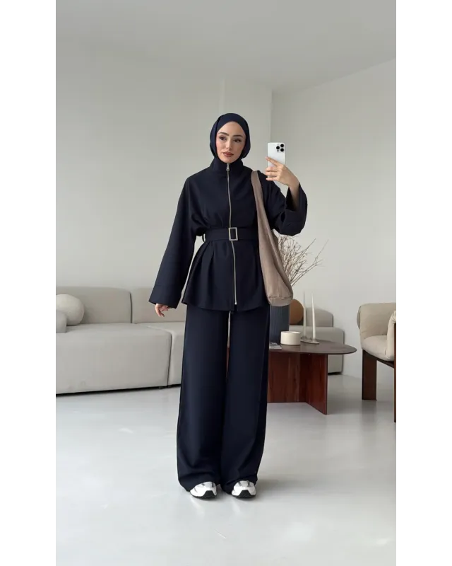 سوت تونك مخصّر بسحاب وبنطلون مع حزام - كحلي