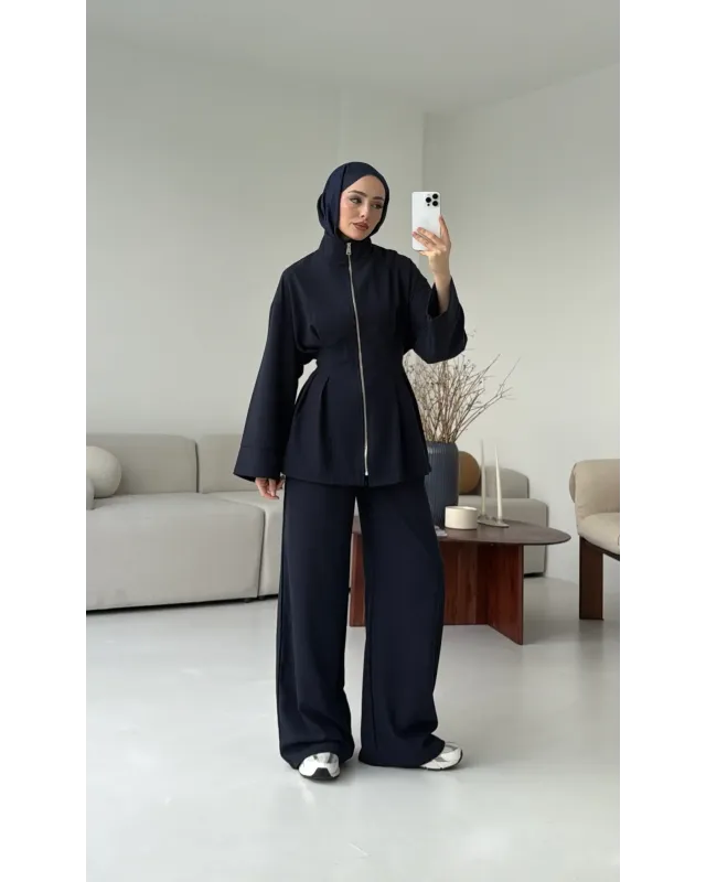 سوت تونك مخصّر بسحاب وبنطلون مع حزام - كحلي