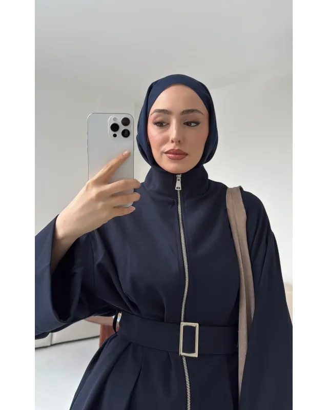 سوت تونك مخصّر بسحاب وبنطلون مع حزام - كحلي