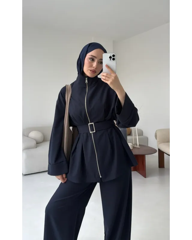 سوت تونك مخصّر بسحاب وبنطلون مع حزام - كحلي