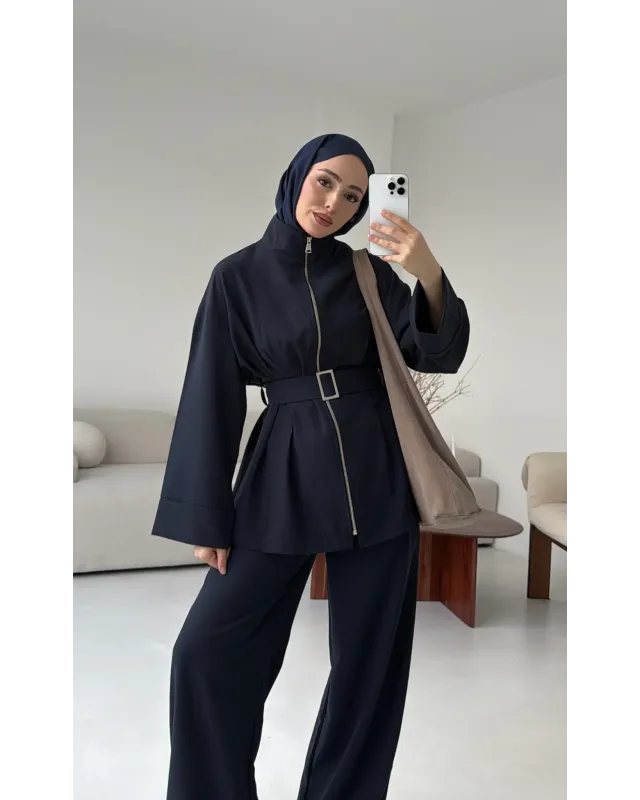سوت تونك مخصّر بسحاب وبنطلون مع حزام - كحلي