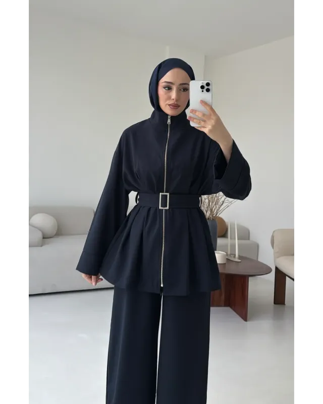 سوت تونك مخصّر بسحاب وبنطلون مع حزام - كحلي