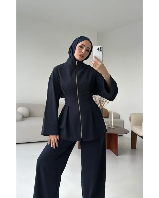 سوت تونك مخصّر بسحاب وبنطلون مع حزام - كحلي