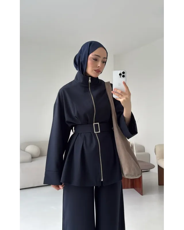 سوت تونك مخصّر بسحاب وبنطلون مع حزام - كحلي