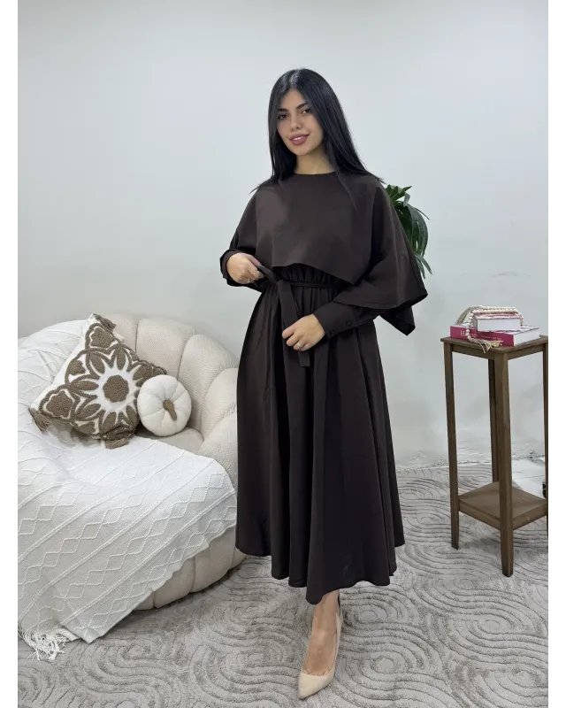 فستان بني سادة  مع حزام
