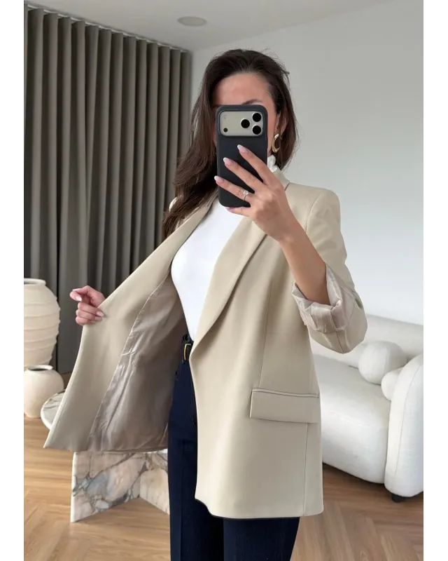 بليزر مبطن بأكمام مقلمة - بيج