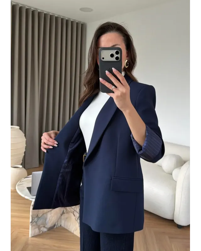 بليزر مبطن بأكمام مقلمة - كحلي بليزر مبطن بأكمام مقلمة - كحلي