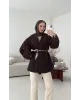 بليزر مبطن مع حزام من الخرز و الساتان - بني