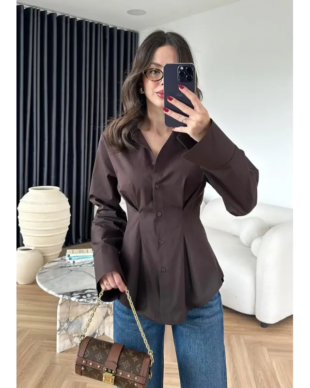 Pleated Waist Shirt – Brown  Color