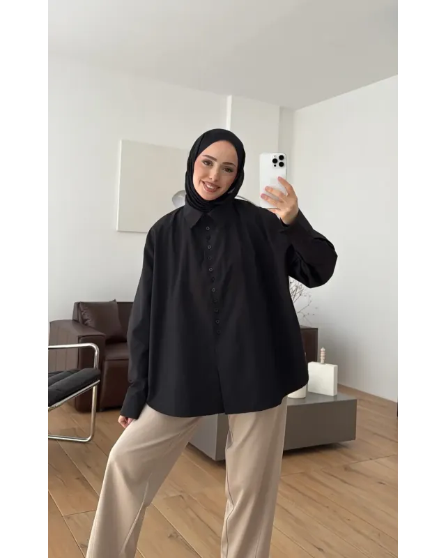 Black Poplin Buttoned Shirt