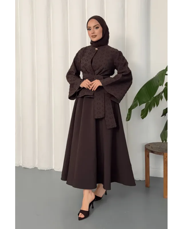 Belted Flowy Skirt Set- Brown