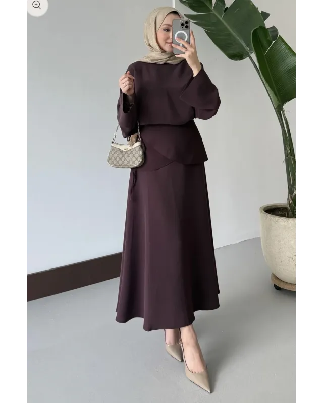 Chic Skirt Set with Detachable Wrap - Dark Berry