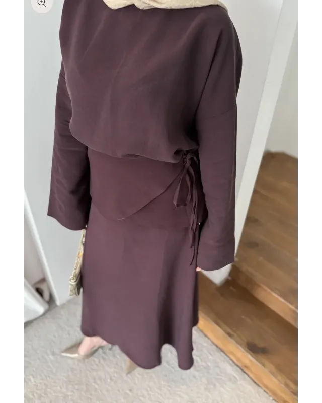 Chic Skirt Set with Detachable Wrap - Dark Berry