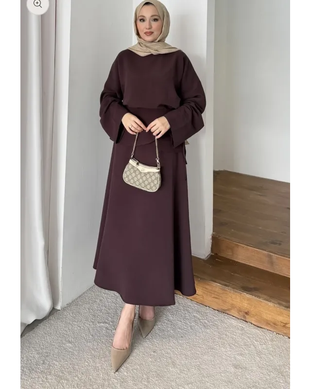 Chic Skirt Set with Detachable Wrap - Dark Berry
