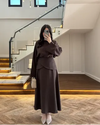 Chic Skirt Set with Detachable Wrap -Brown