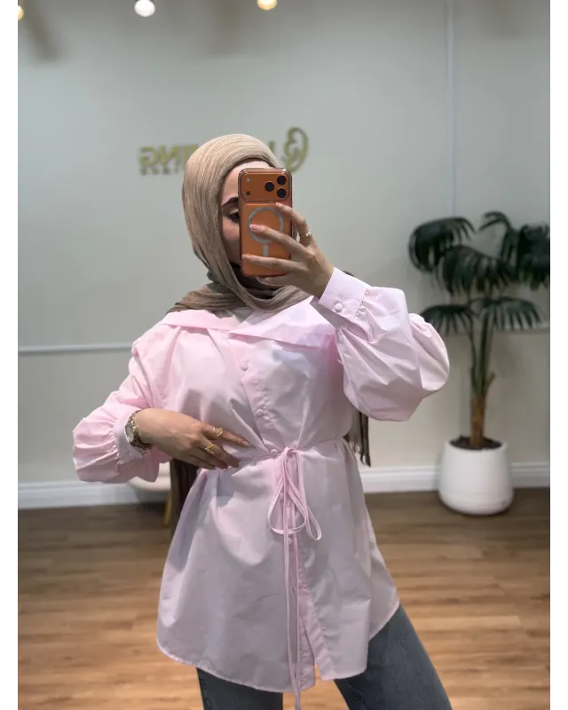 قميص زهري بقبةواسعة مع حزام