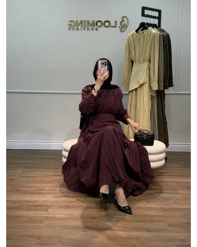 Burgundy Dress with Detachable Wrap Belt