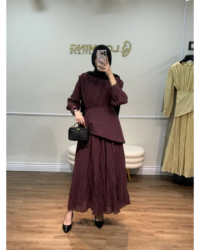 Burgundy Dress with Detachable Wrap Belt