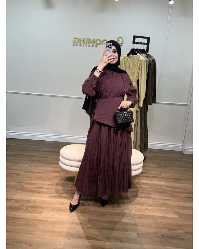 Burgundy Dress with Detachable Wrap Belt