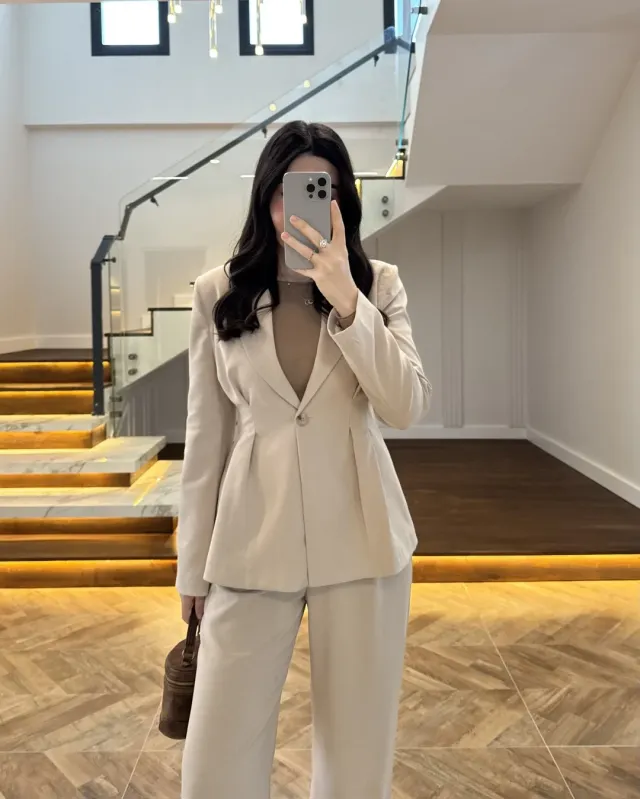 Beige Fitted Blazer and Pants Set
