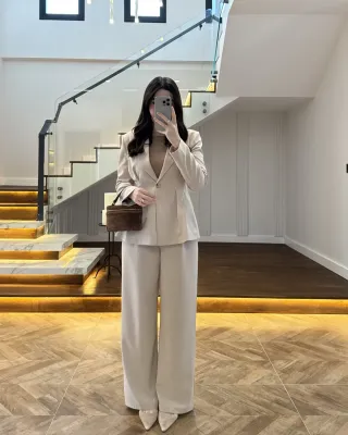 Beige Fitted Blazer and Pants Set