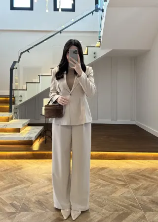 Beige Fitted Blazer and Pants Set