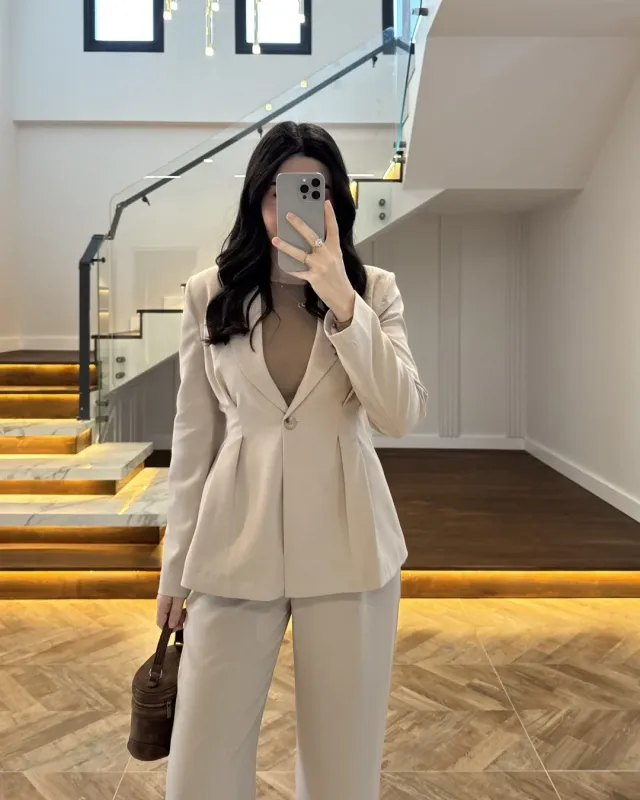 Beige Fitted Blazer and Pants Set