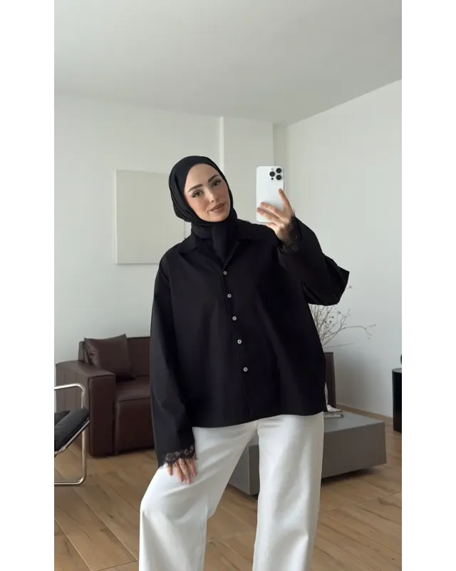 قميص اوفر سايز باكمام وقبة دانتيل - الأسود
