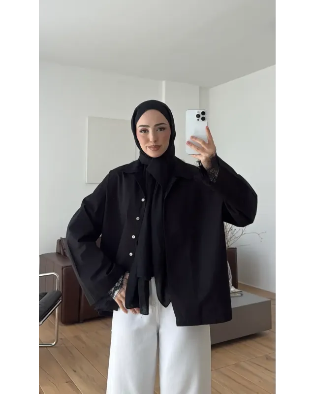 قميص اوفر سايز باكمام وقبة دانتيل - الأسود