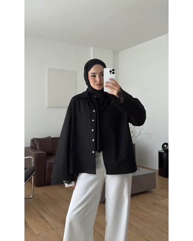 قميص اوفر سايز باكمام وقبة دانتيل - الأسود
